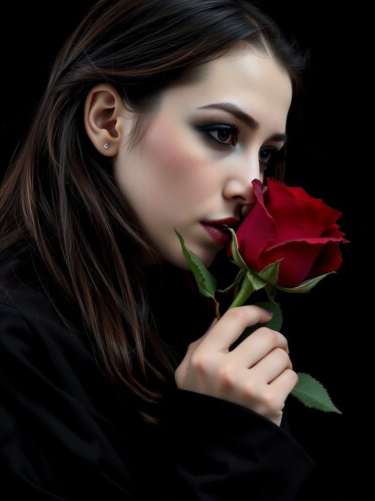 Woman with Red Rose in Dark Fantasy Style