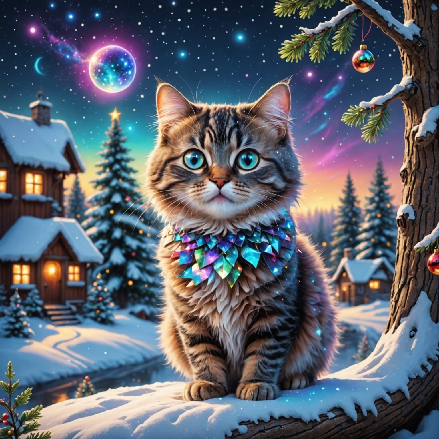 Cosmic Christmas Cat in Vibrant Holographic Style
