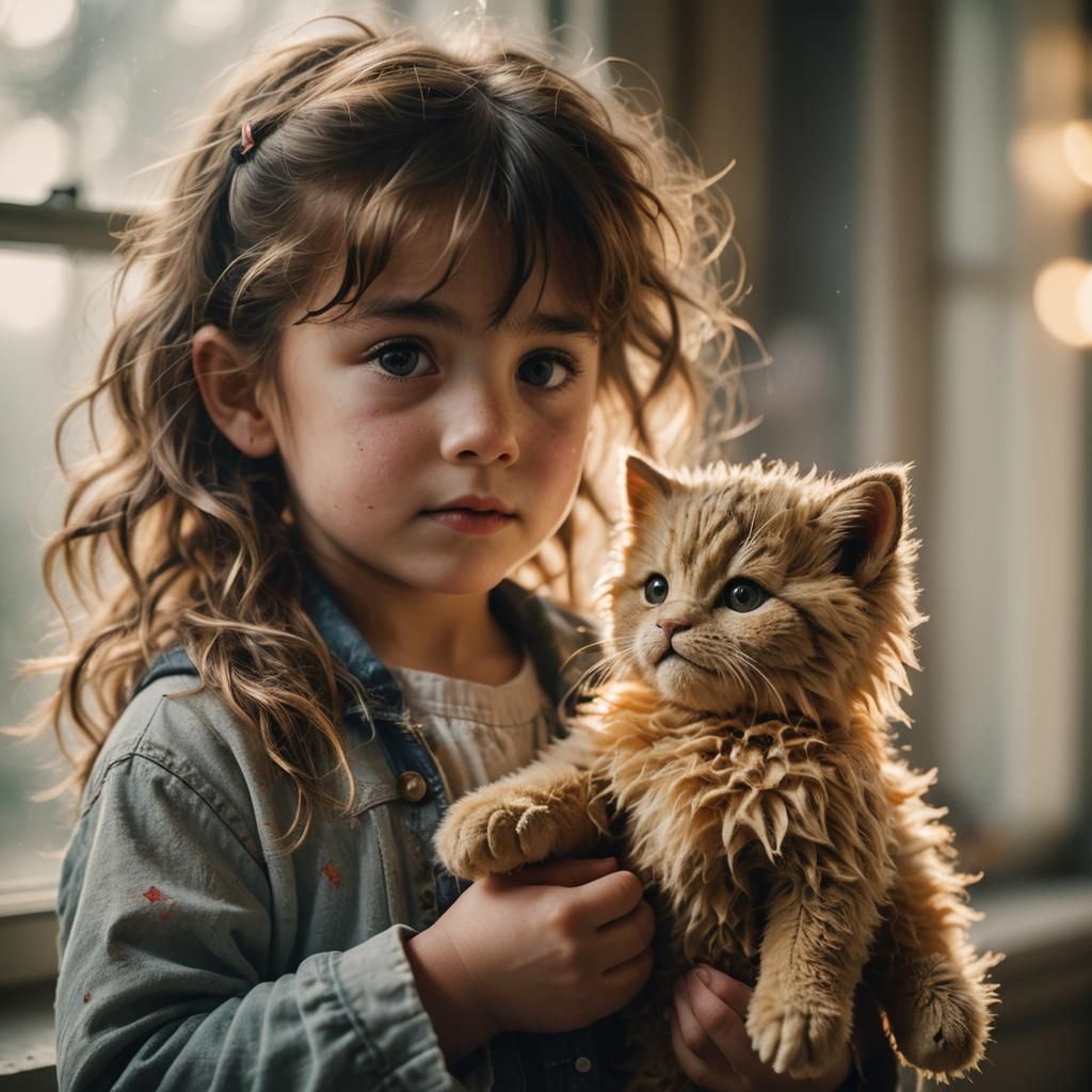Little Girl with Teddy Cat in Golden Light