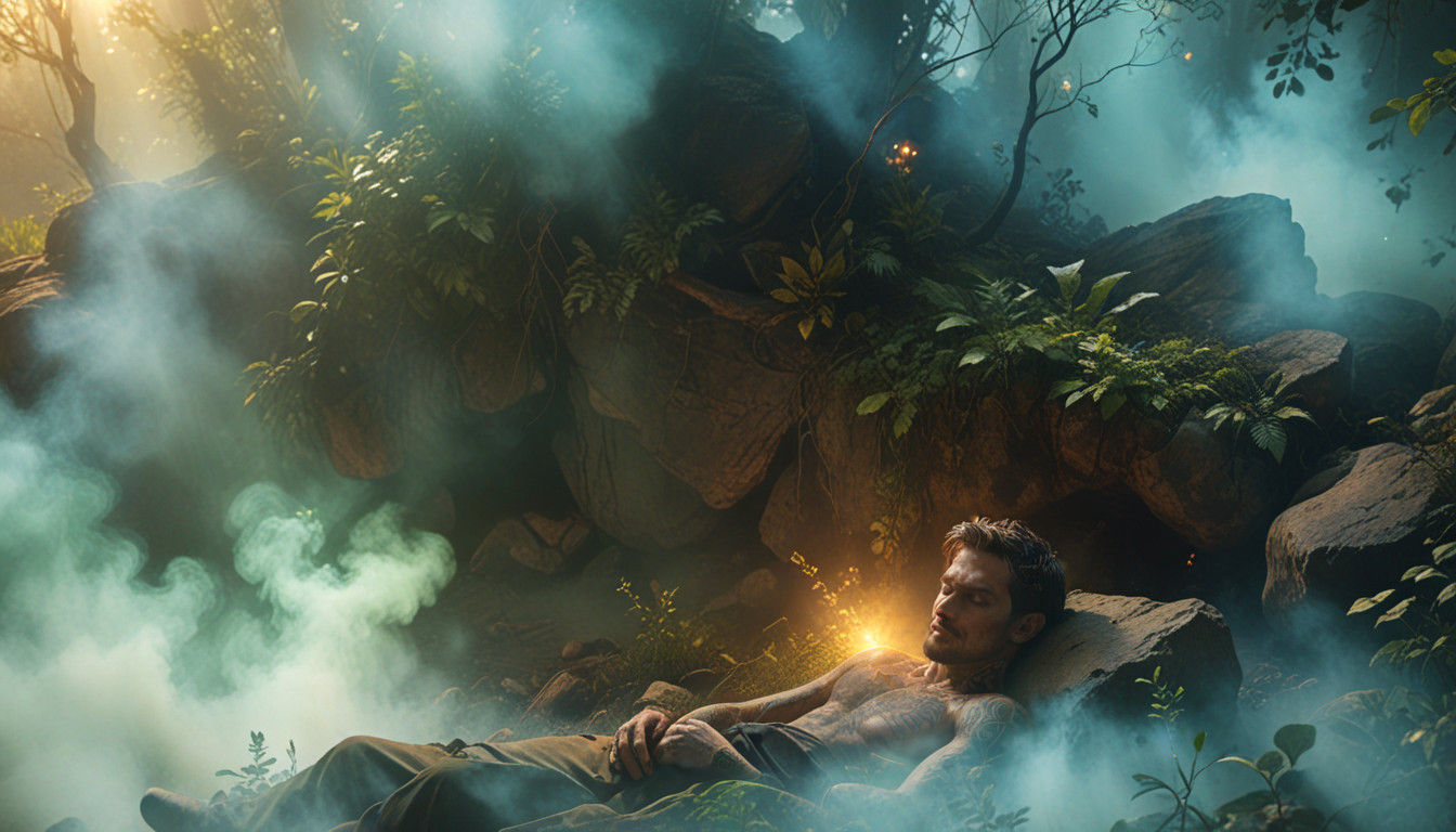 Moody Cave Warrior in Eerie Wilderness