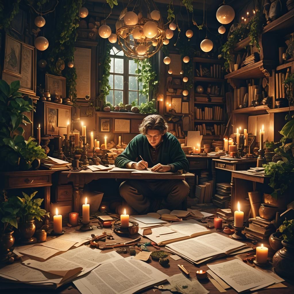 Tired Artist Slumped at Desk in Dreamlike Room