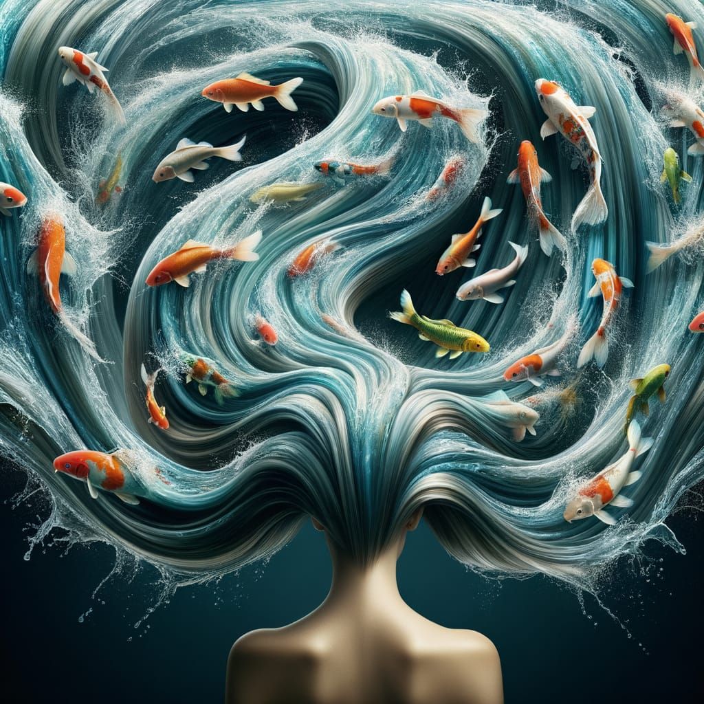 Surreal Woman with Flowing Koi Fish Hair