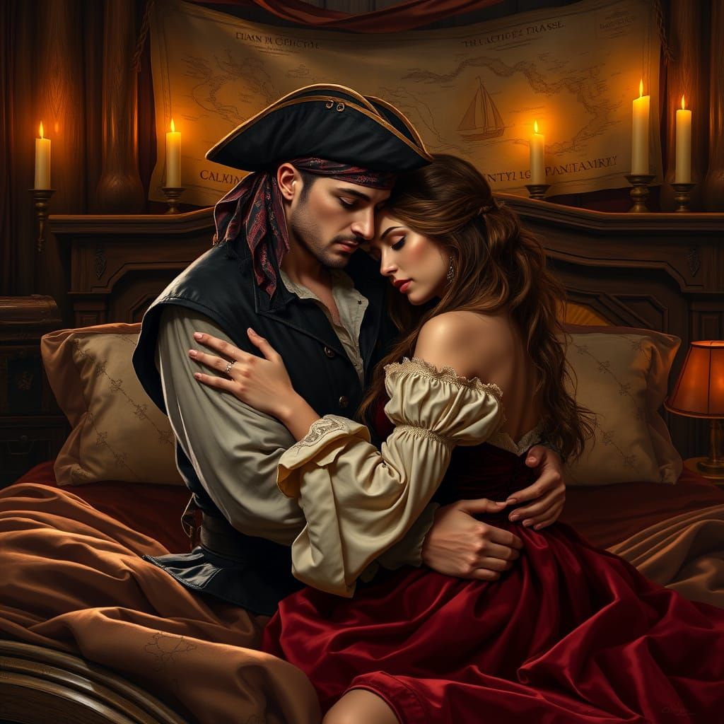 Romantic Pirate Embrace in Fantasy Realism Style