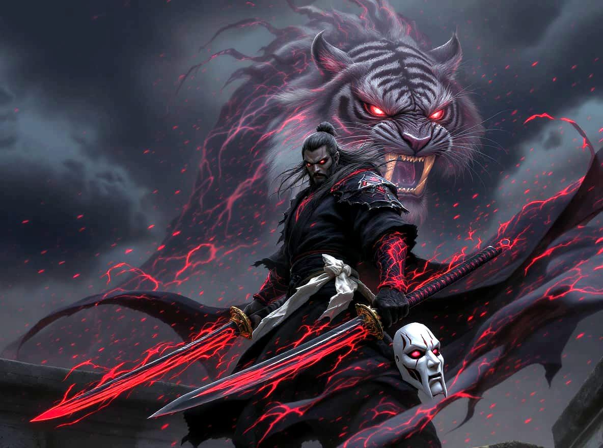Warrior and Ghost Tiger in Stormy Fantasy Scene