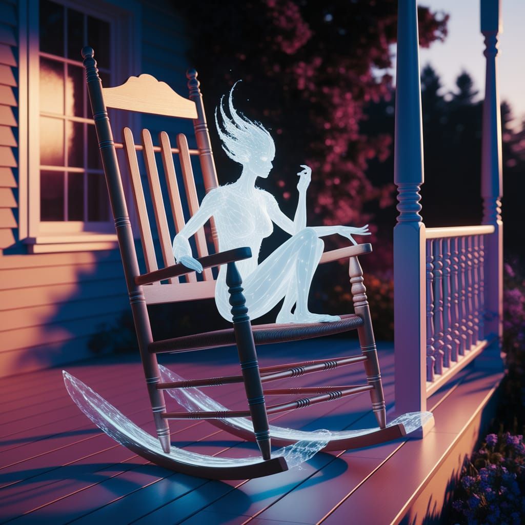 Ethereal Figure in Glowing Rocking Chair at Dusk