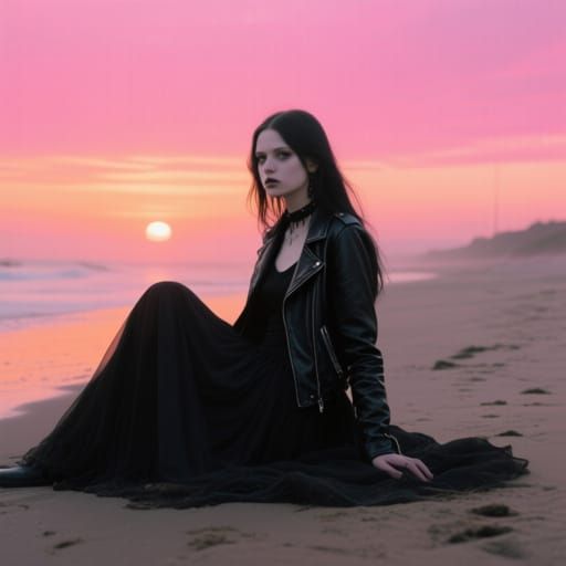 Gothcore Lady on Beach at Sunrise, Bold Colors