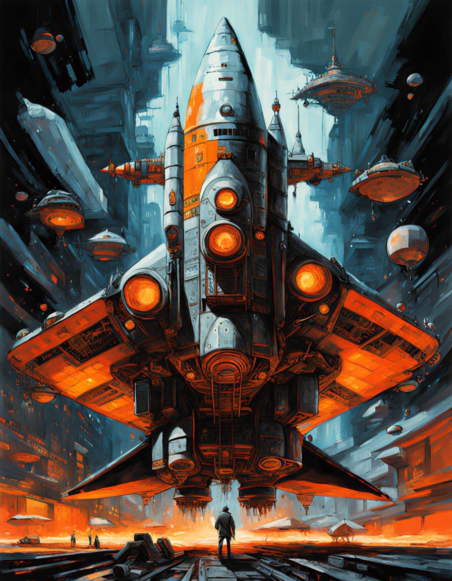 Deconstructed Rocketship: Oil Painting with Neon Accents