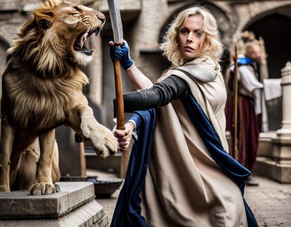 Medieval Woman's Lion Fight: Digital Rendering