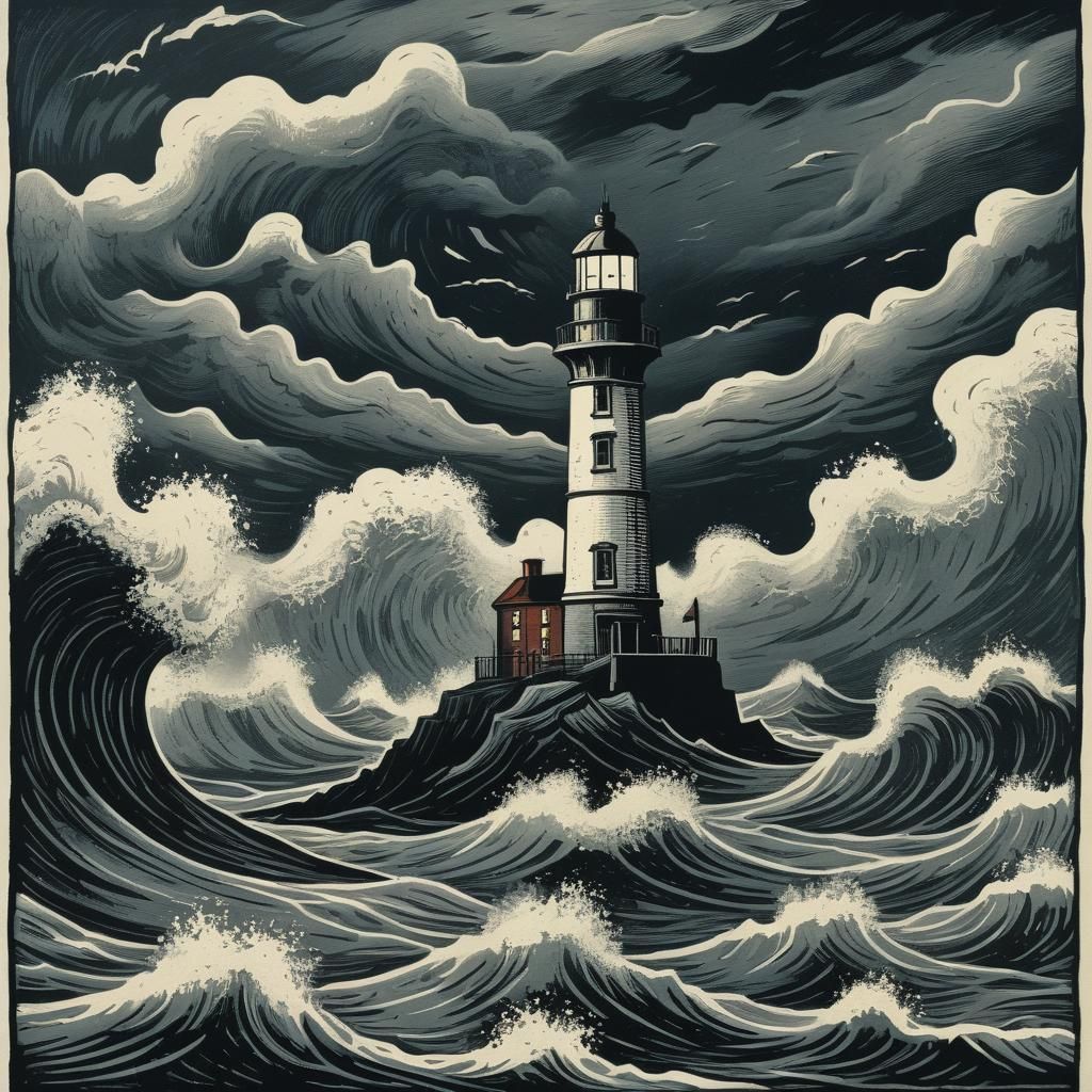 Lighthouse in Stormy Sea: Surreal Linocut Print