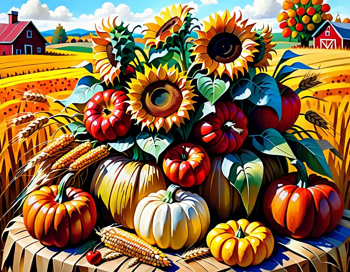 Stilllife arrangement of sunflower, pumpkin, bunch of wheat, Corn, red Apples, all decorated at an haystack. Autumn coun...