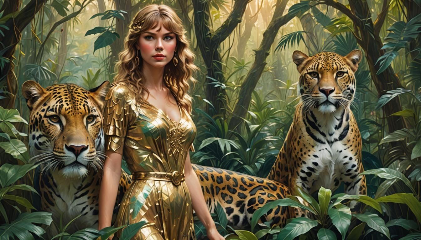 Jungle Fantasy: Taylor Swift Surrounded by Jaguars