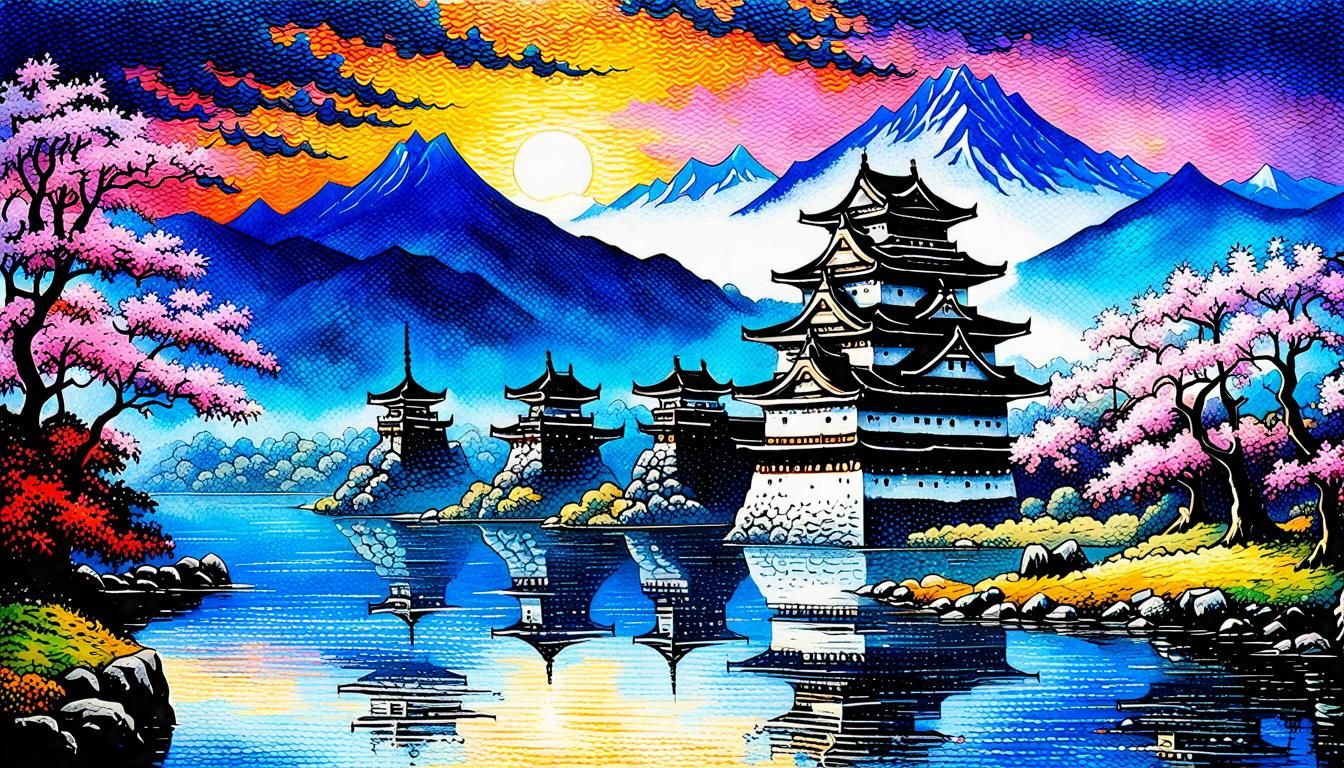 Matsumoto Castle in Shinshu: Neo-Impressionist Oil Painting
