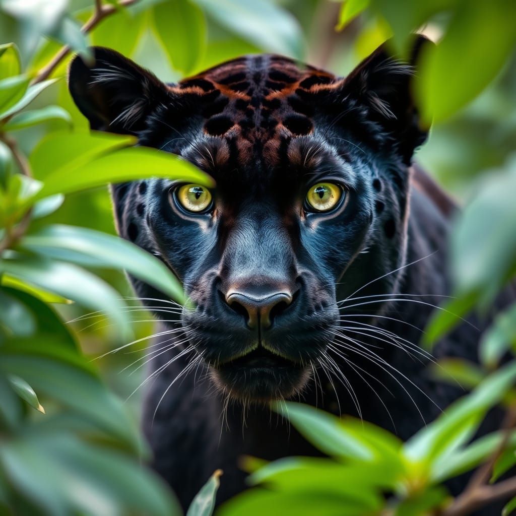 A Portrait of a Black Panther in a Lush Jungle