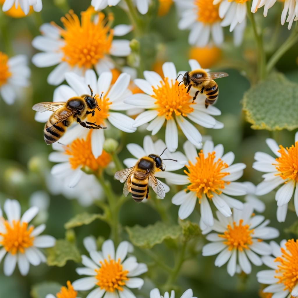 Bees Pollinating Pumpkin Flowers in Morning Light