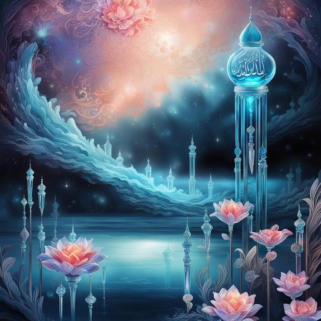 Bioluminescent Crystal Calligraphy with Floral Elements