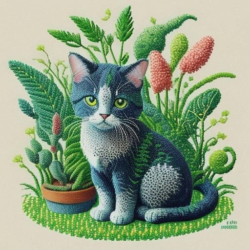 Cute Cat in Fractal Pointillism Plantscape