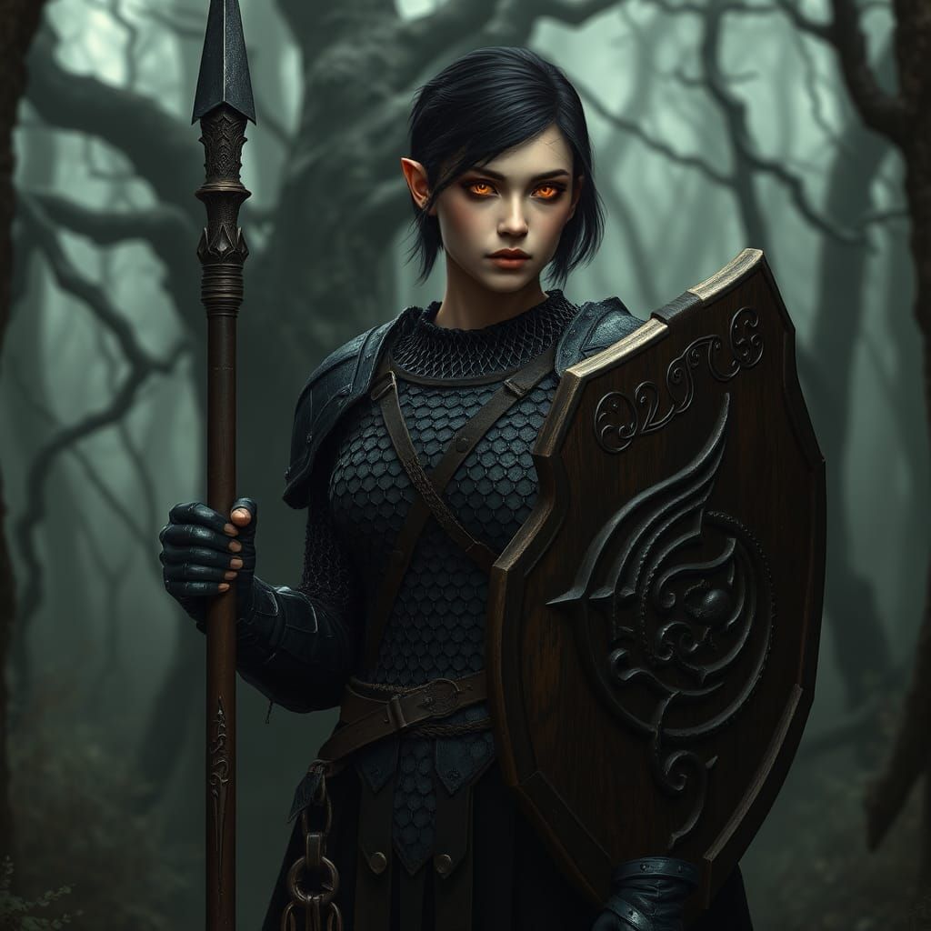 Corrupted Elf Spearmaiden in Dark Mystical Forest