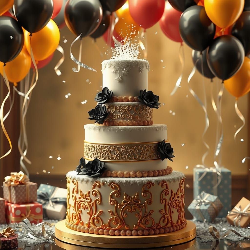 Luxurious 3D Birthday Cake with Gold Accents and Confetti