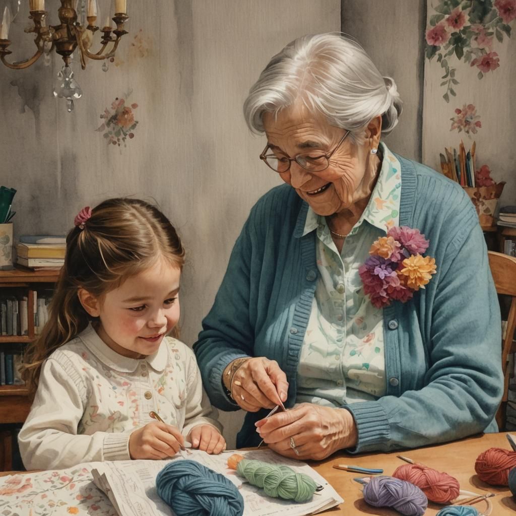 Grandmother Teaching Granddaughter to Knit: Academic Art