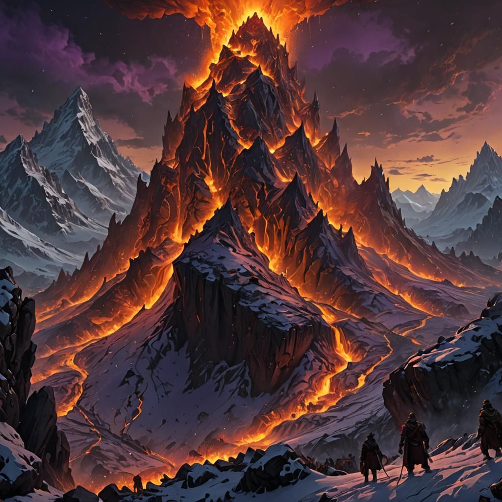Lava Eruption on Snowy Mountain in Dark Fantasy Style