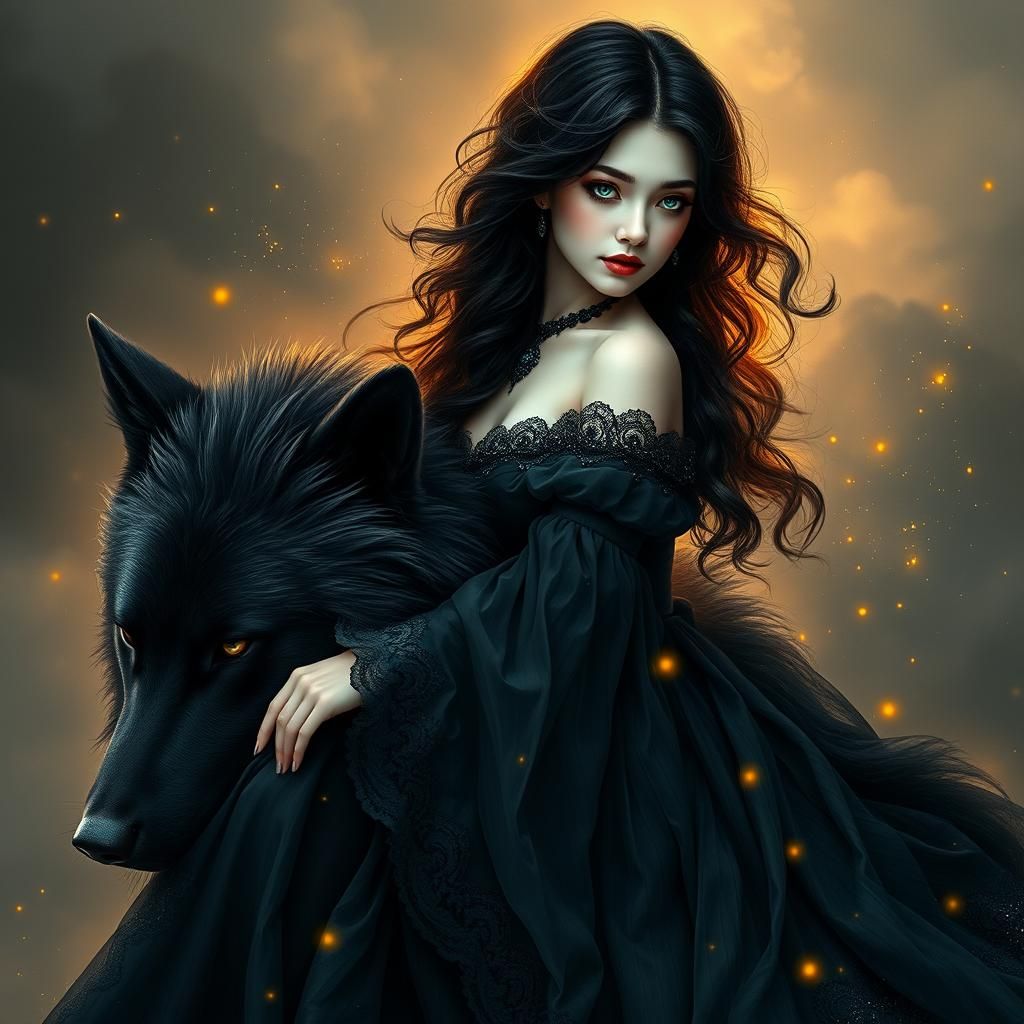 Victorian Woman on Wolf in Digital Watercolour Style
