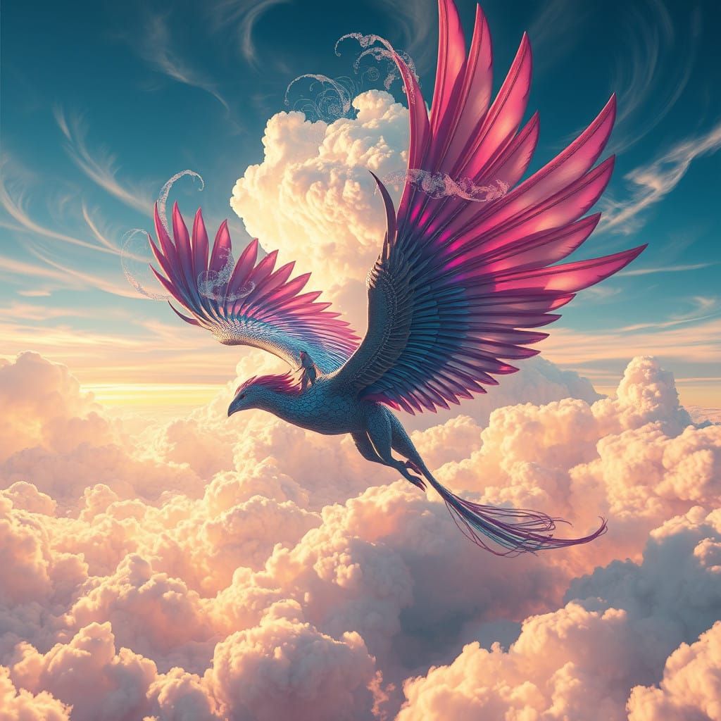 Majestic Winged Creature Soars Through Vibrant Surreal Sky