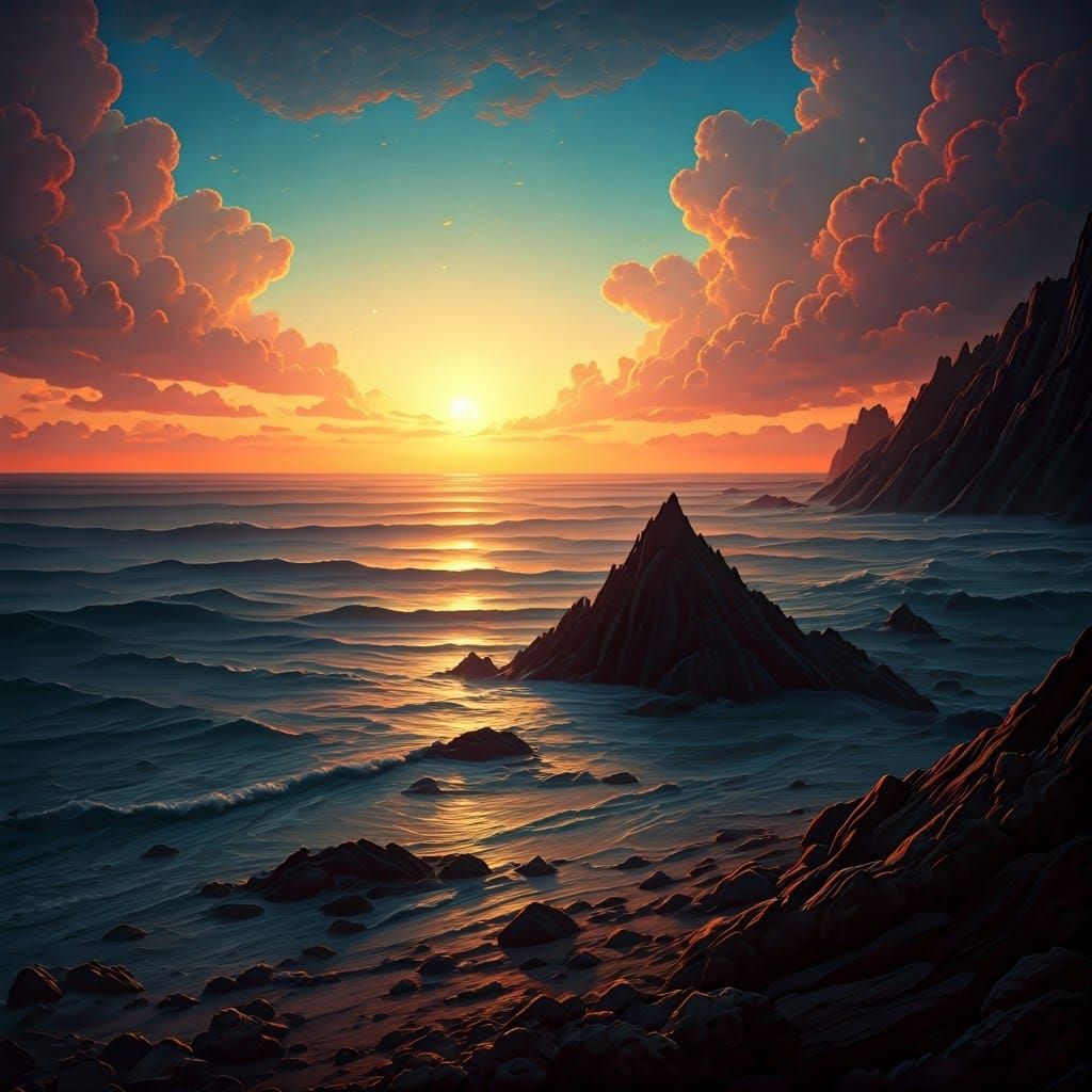 Dreamlike Sunset Landscape in Alcohol Ink Style