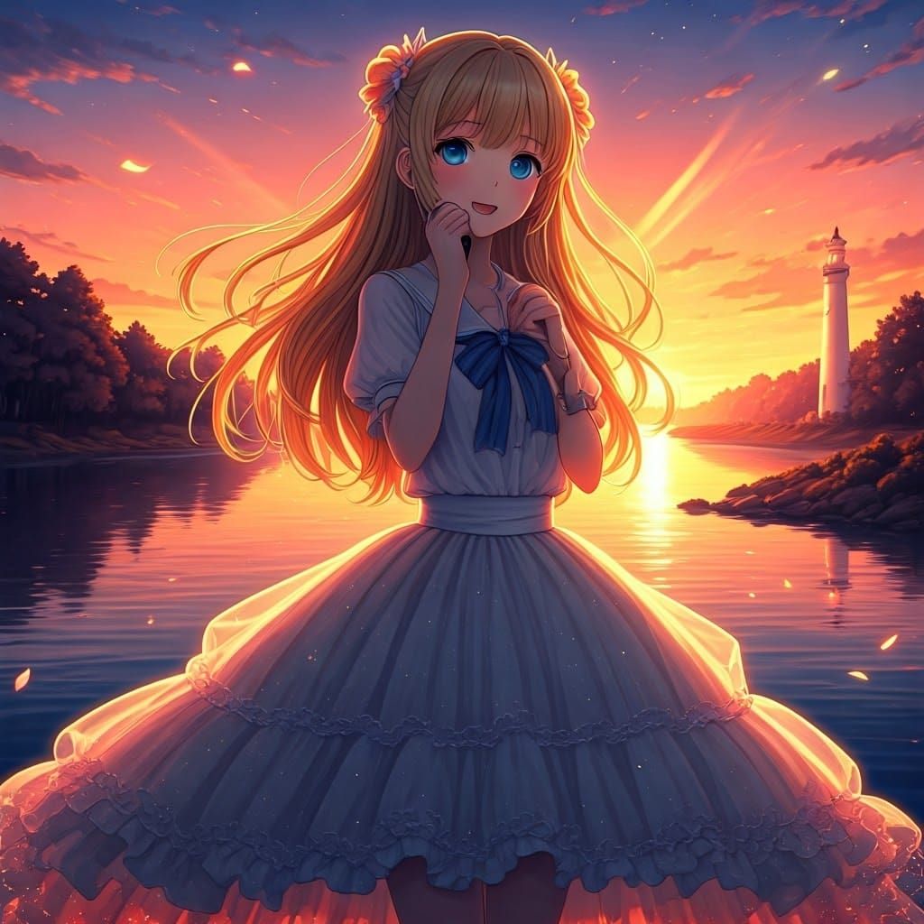 Vivacious Girl Shines in Sunset Sunset with River and Castle