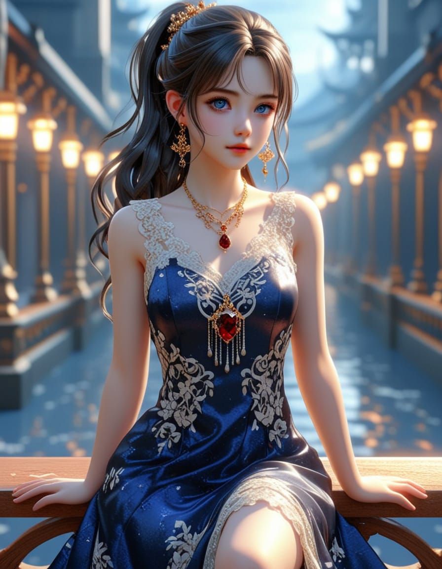 Elegant Anime Goddess in Midnight Blue Eyes and Gold Lace Dr...