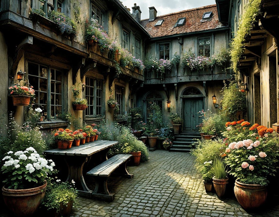 Whimsical German Courtyard Scene in Rich, Deep Colors