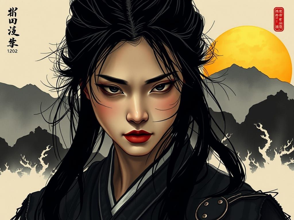 Female Samurai Portrait in East Indian Ink Style