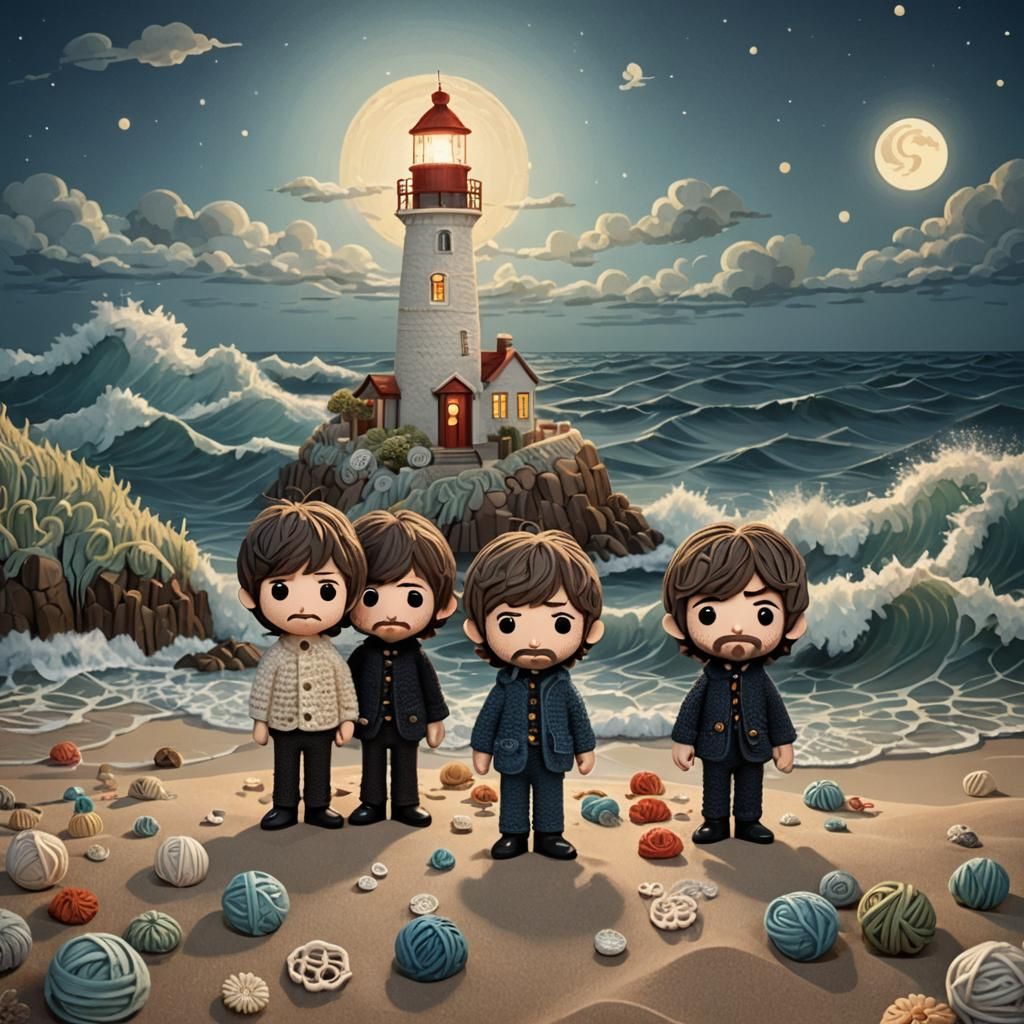 Adorable Chibi Beatles on Moonlit Beach, 3D Knit Art