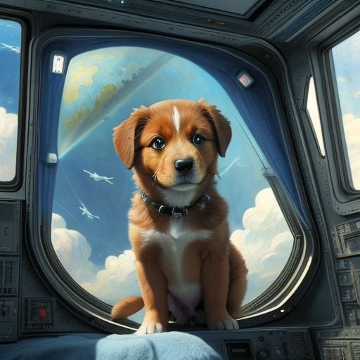 Weightless Puppy in Spaceship: Dark Fantasy Art