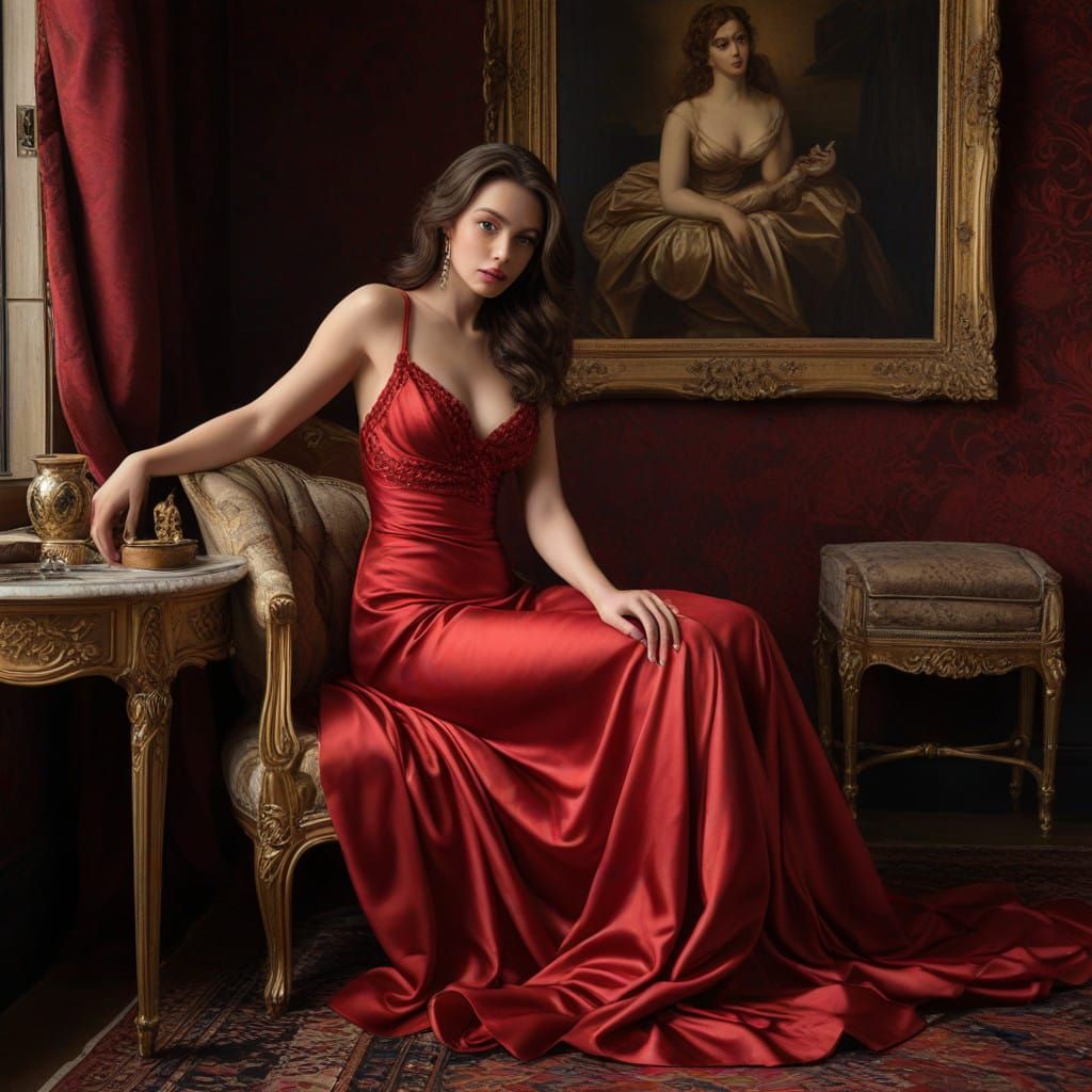 Sultry Woman in Crimson Gown, Oil Painting Style