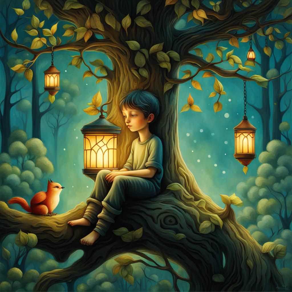 Boy on Branch: Nostalgic Digital Painting