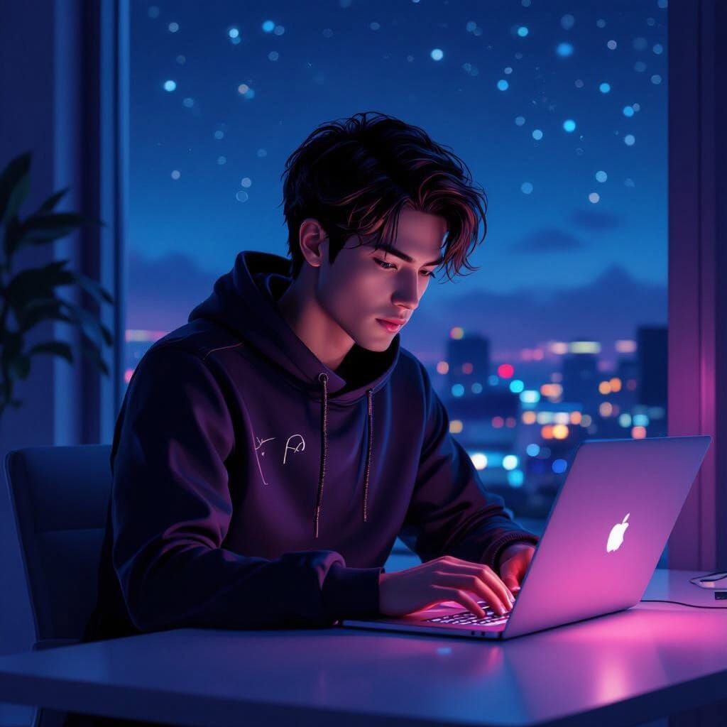 Anime Programmer Coding in Neon Lit Room