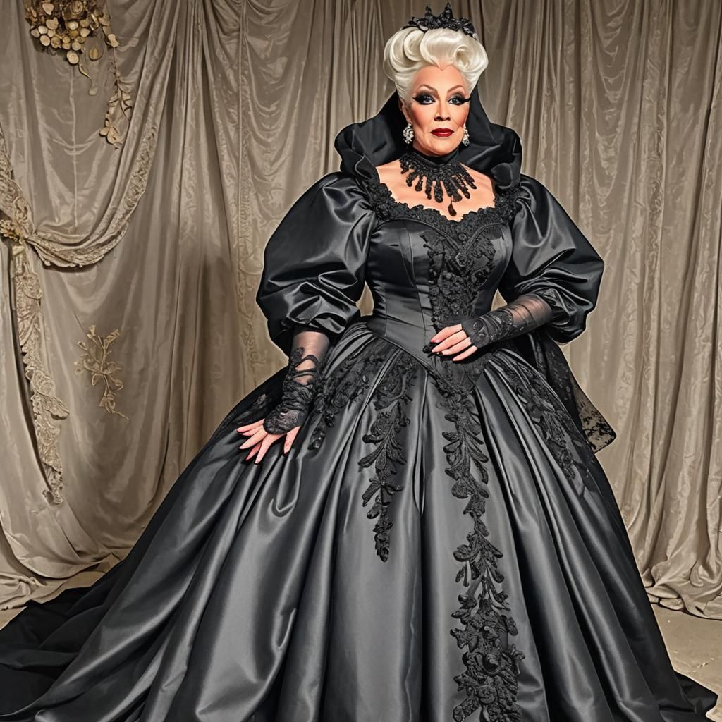 Black Satin Couture Drag Queen in Victorian Gown