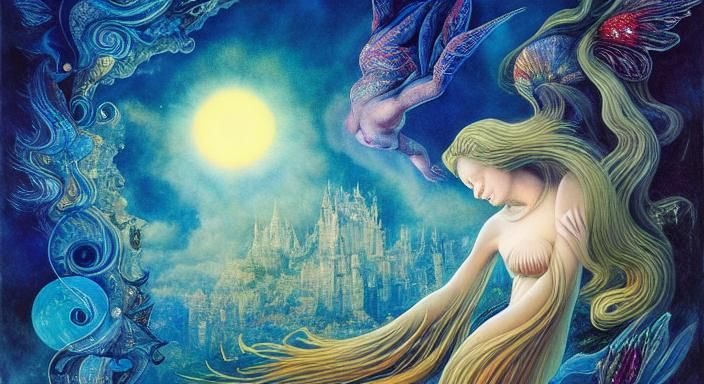 Surreal Upside Down Woman in Universe of Boats