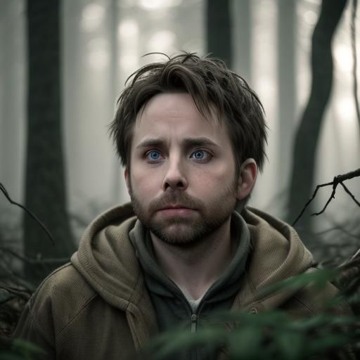 Panicked Man Sinking in Quicksand in Eerie Forest