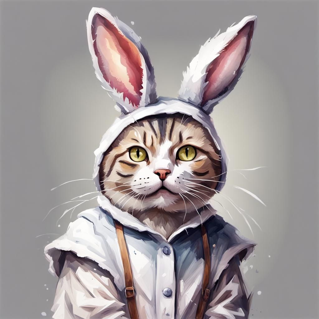 Cat in Bunny Costume: Watercolor Impressionist Clipart