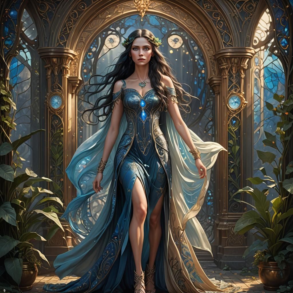 Art Nouveau Elf with Long Dark Hair