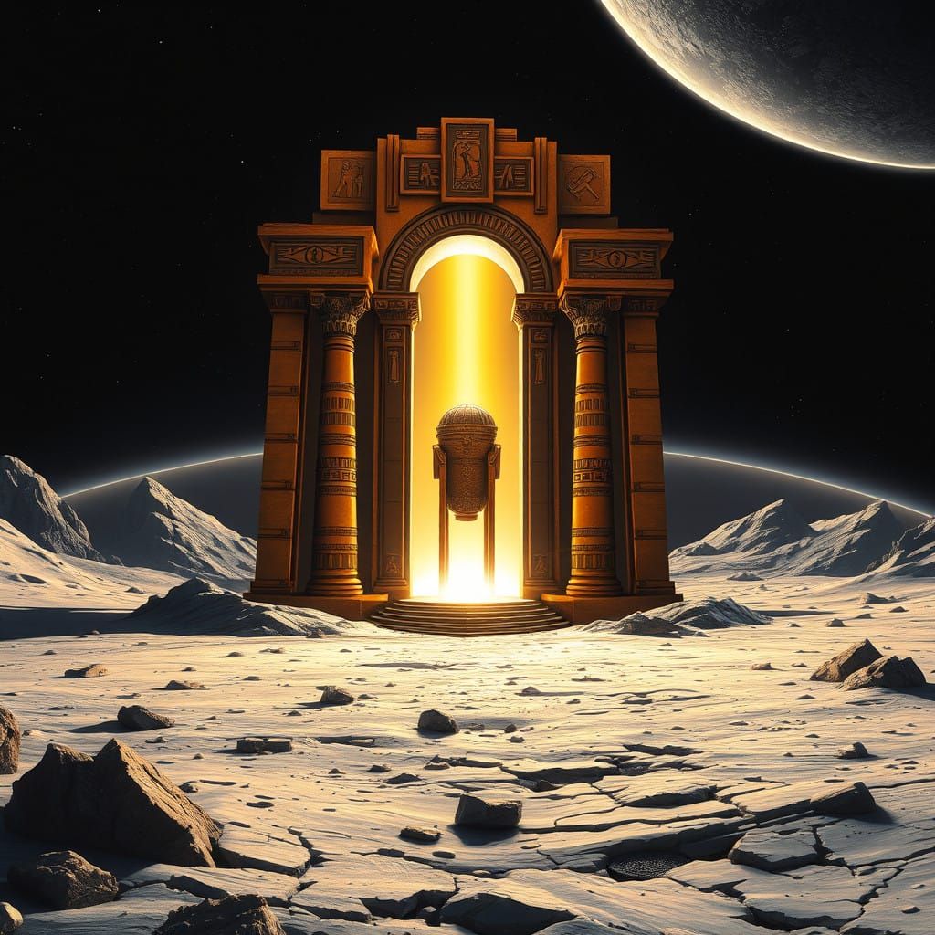 Ancient Stargate on the Moon's Rugged Surface in a Golden Pa...