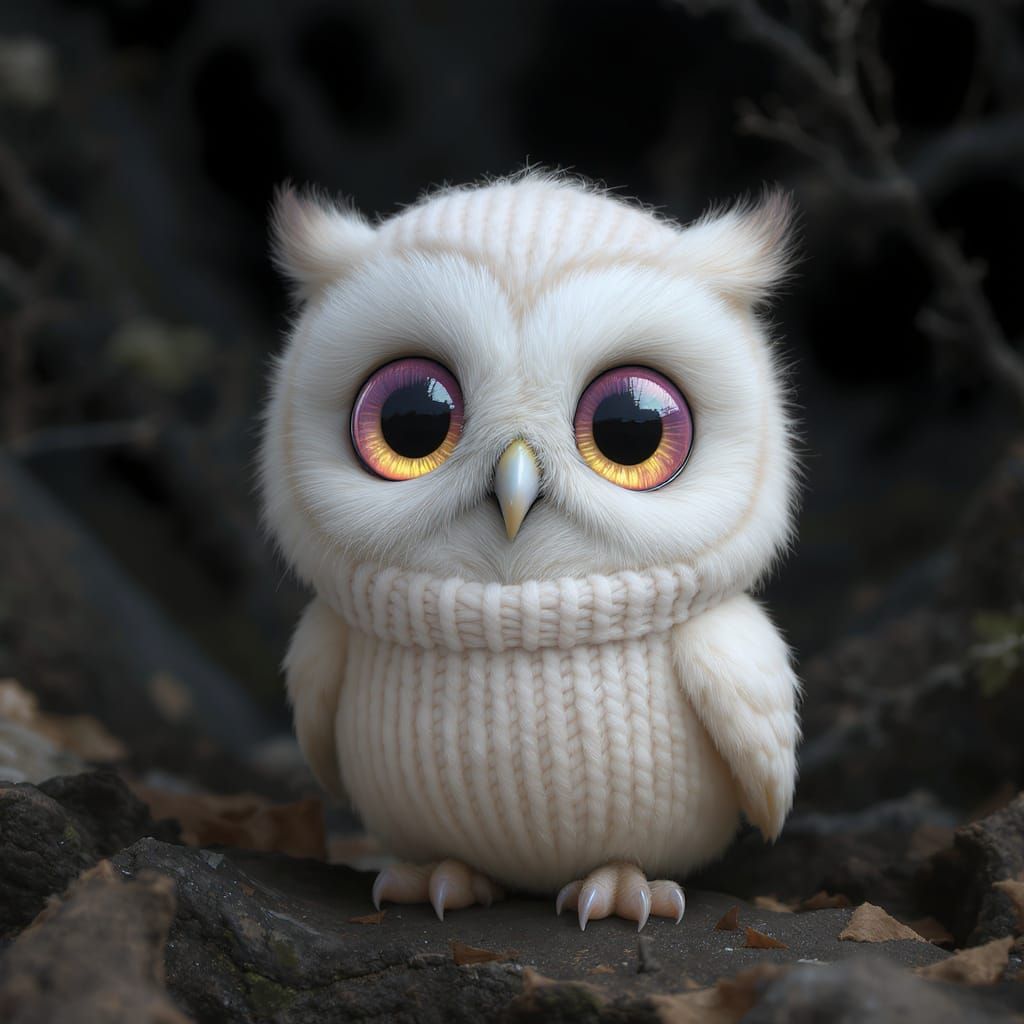 Cute Fluffy Owl in Knitted Yarn Onesie