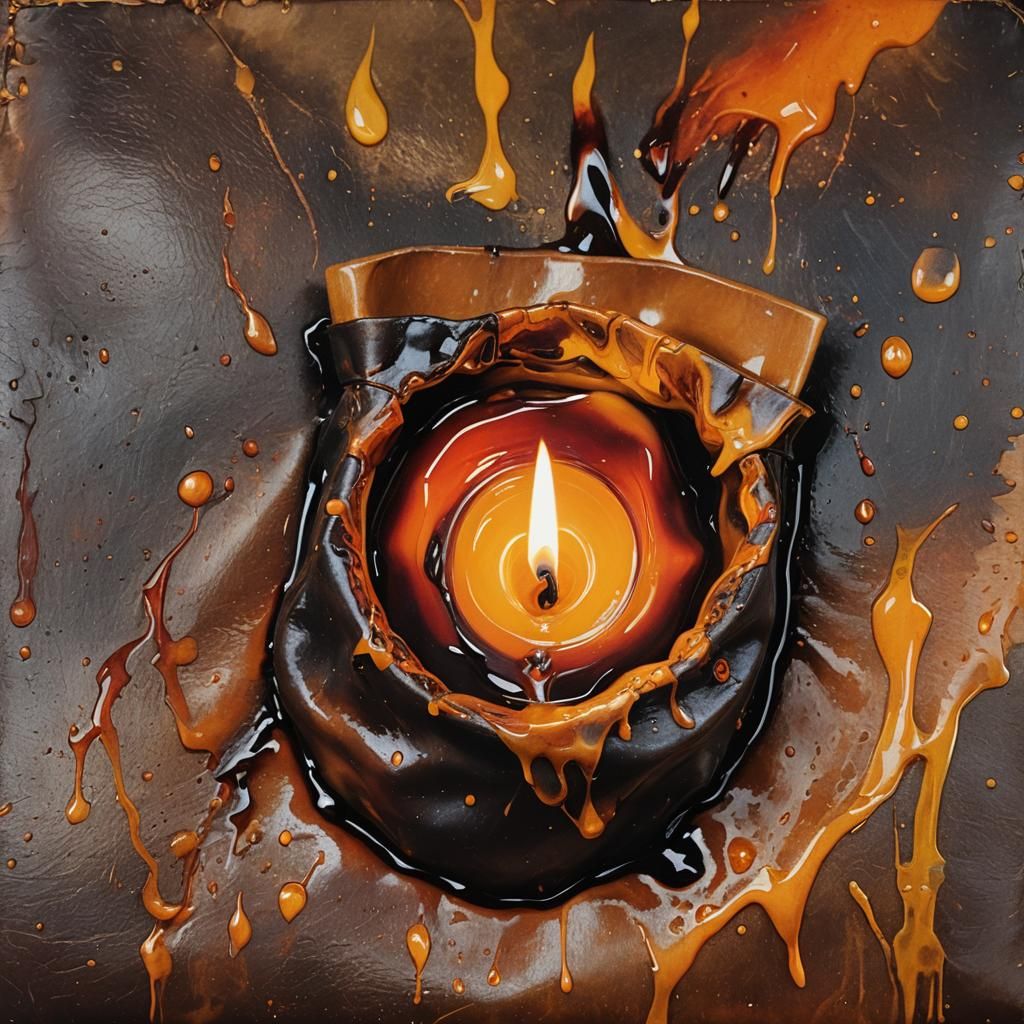 Surreal Candle Burns in Leather Pouch, Oil Painting