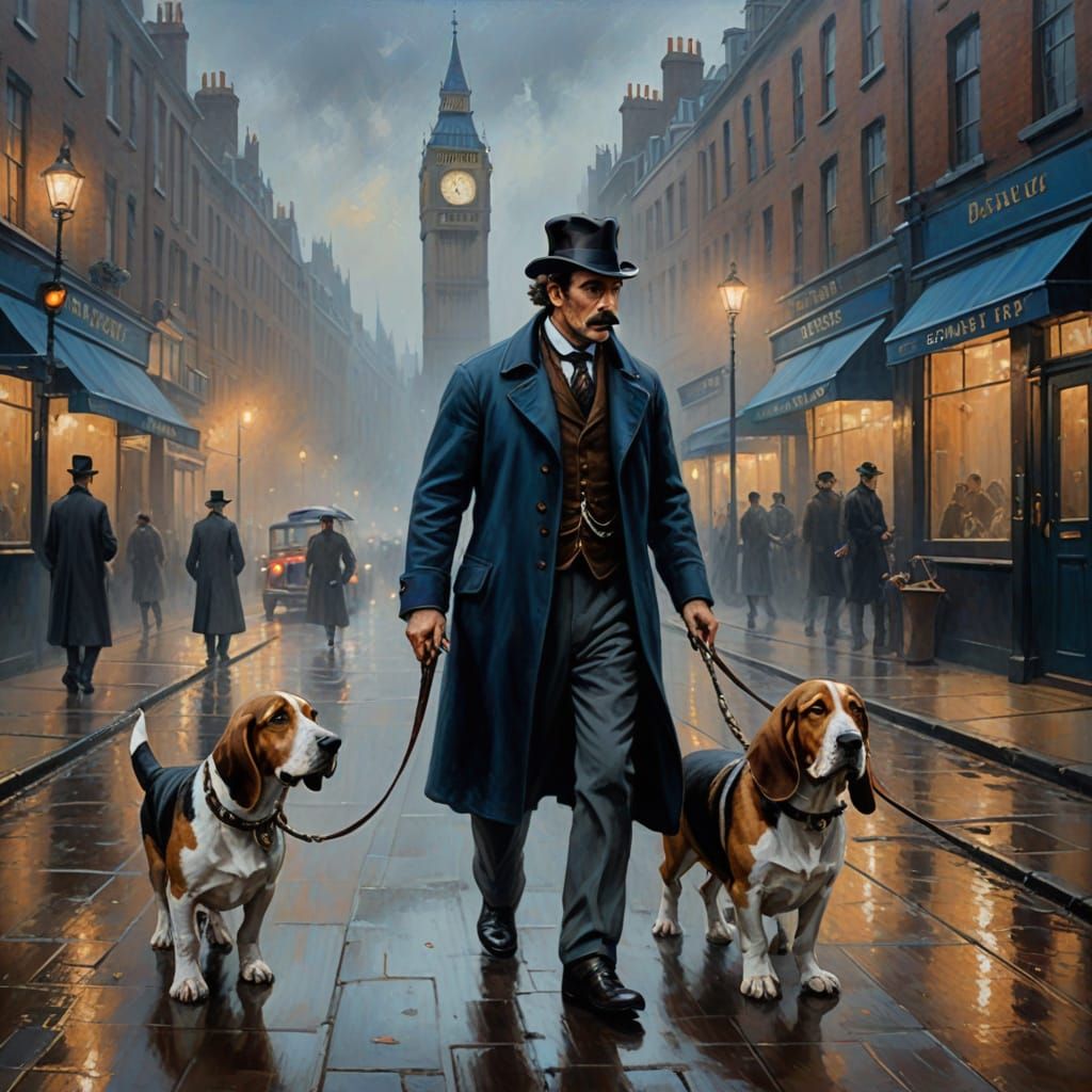 Basset Hound Leads Sherlock Holmes on Foggy London Street Oi...