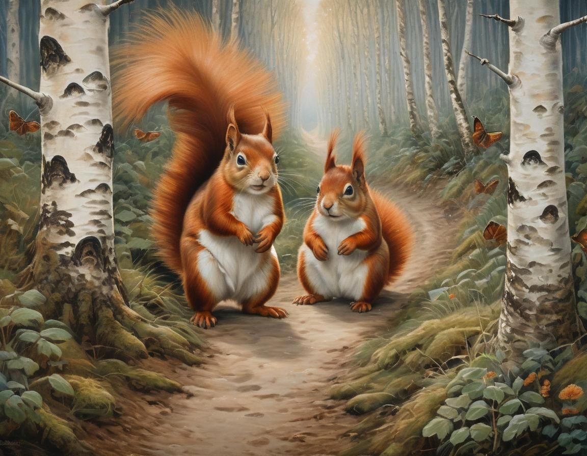 Red squirrels on a footpath