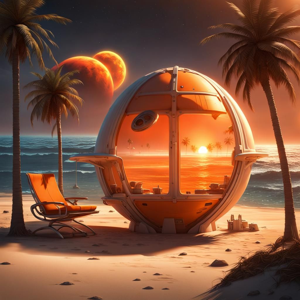 Surreal Spaceship Beach Scene in Dark Fantasy Style