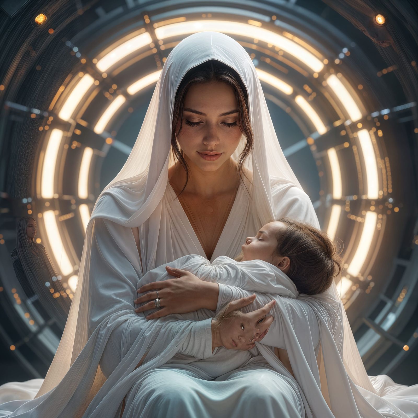 Protective Woman Shielding Child in Futuristic Scene