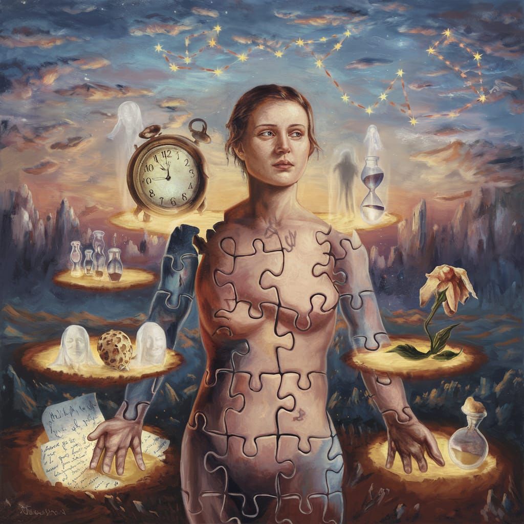 Fragmented Memories: Surreal Puzzle-Piece Woman in Twilight