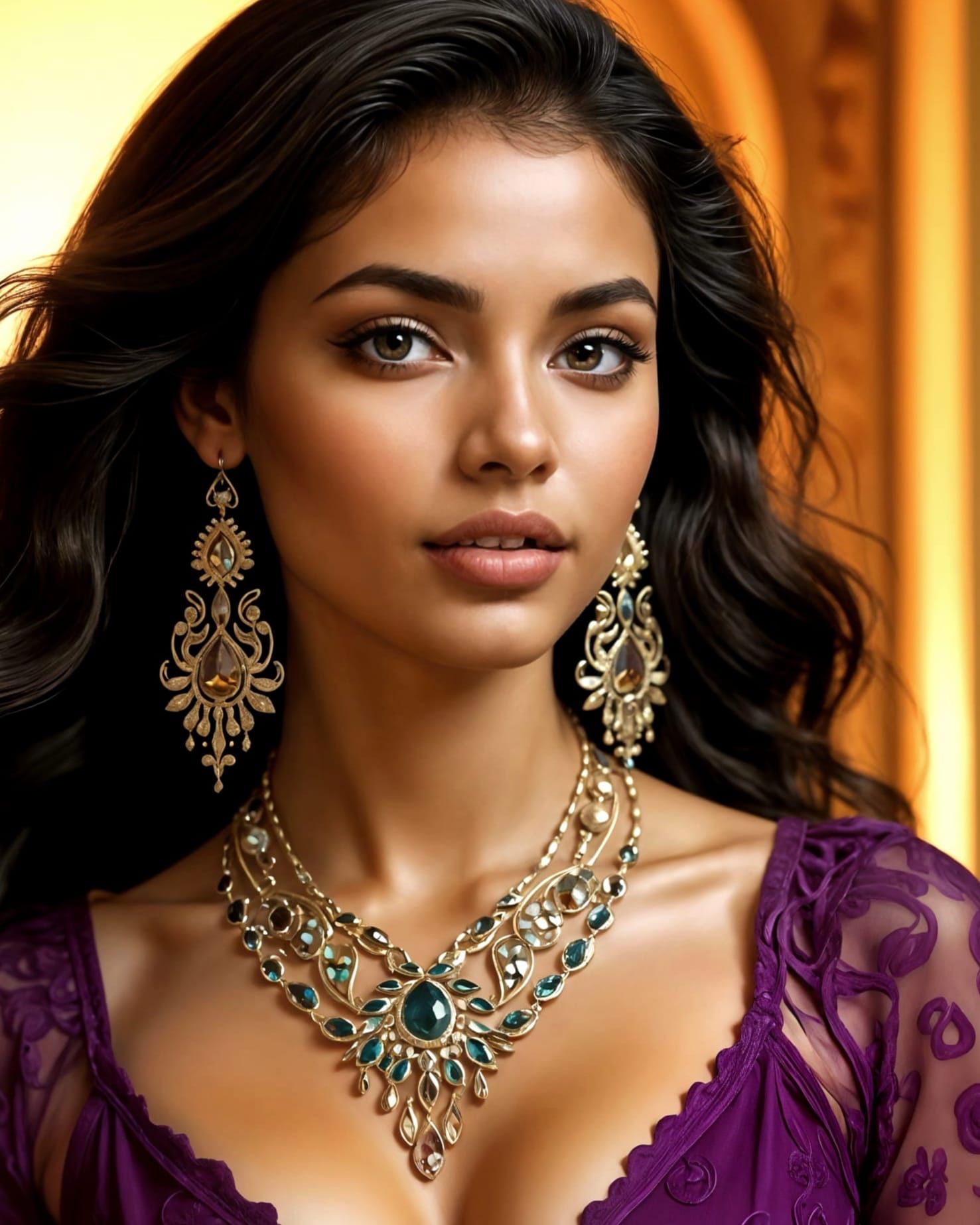 Woman in Intricately Patterned Eggplant and Rust Gown